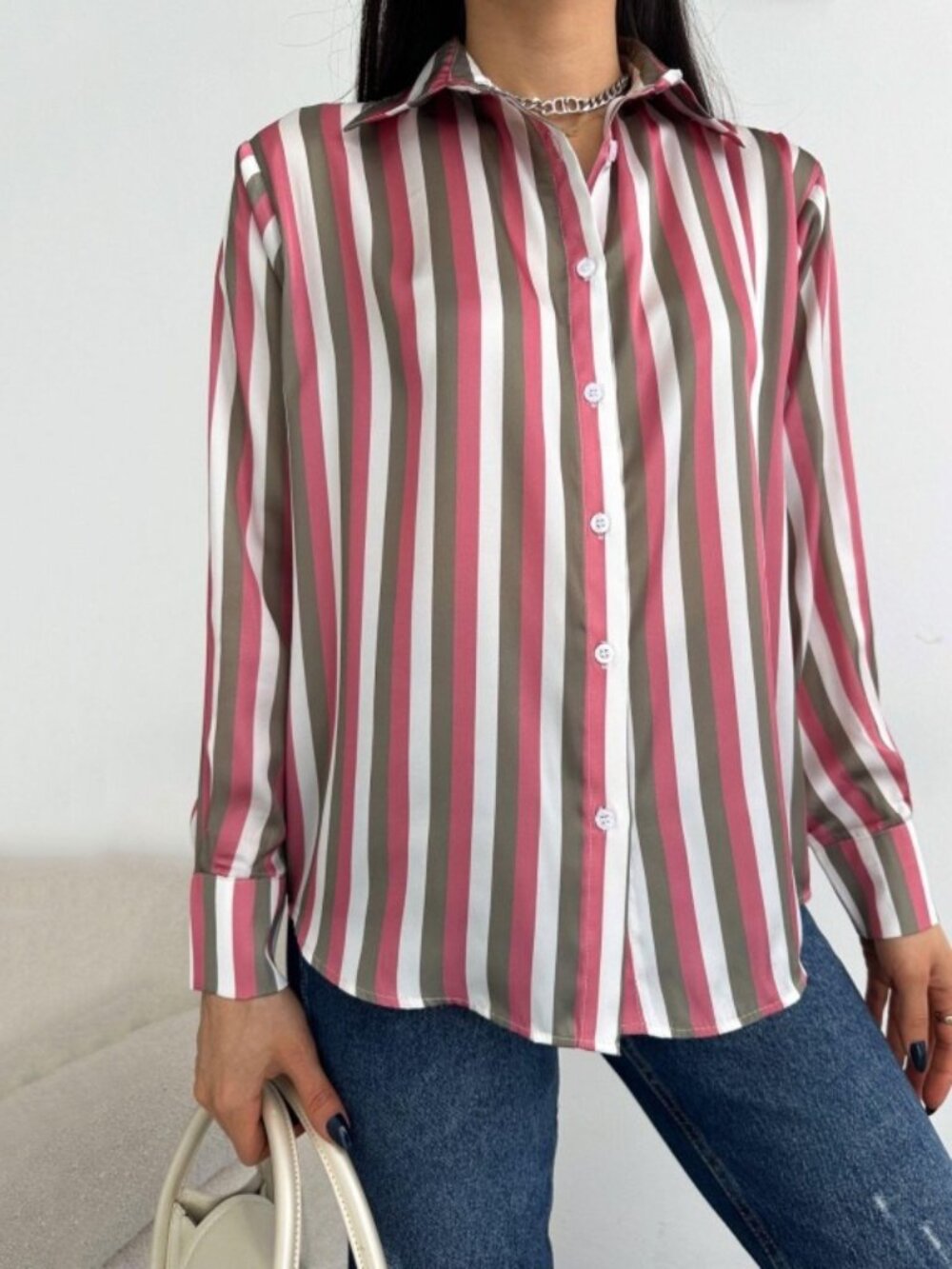 2/$30 Sud Express Striped Satin Button-Down Shirt Candy Cane Small #A3494
